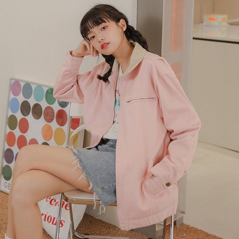 루즈핏 배색 카라 집업 자켓 포켓 면 간절기 캐주얼 아우터 점퍼 봄 가을 미백색 핑크 - 상세 이미지 2