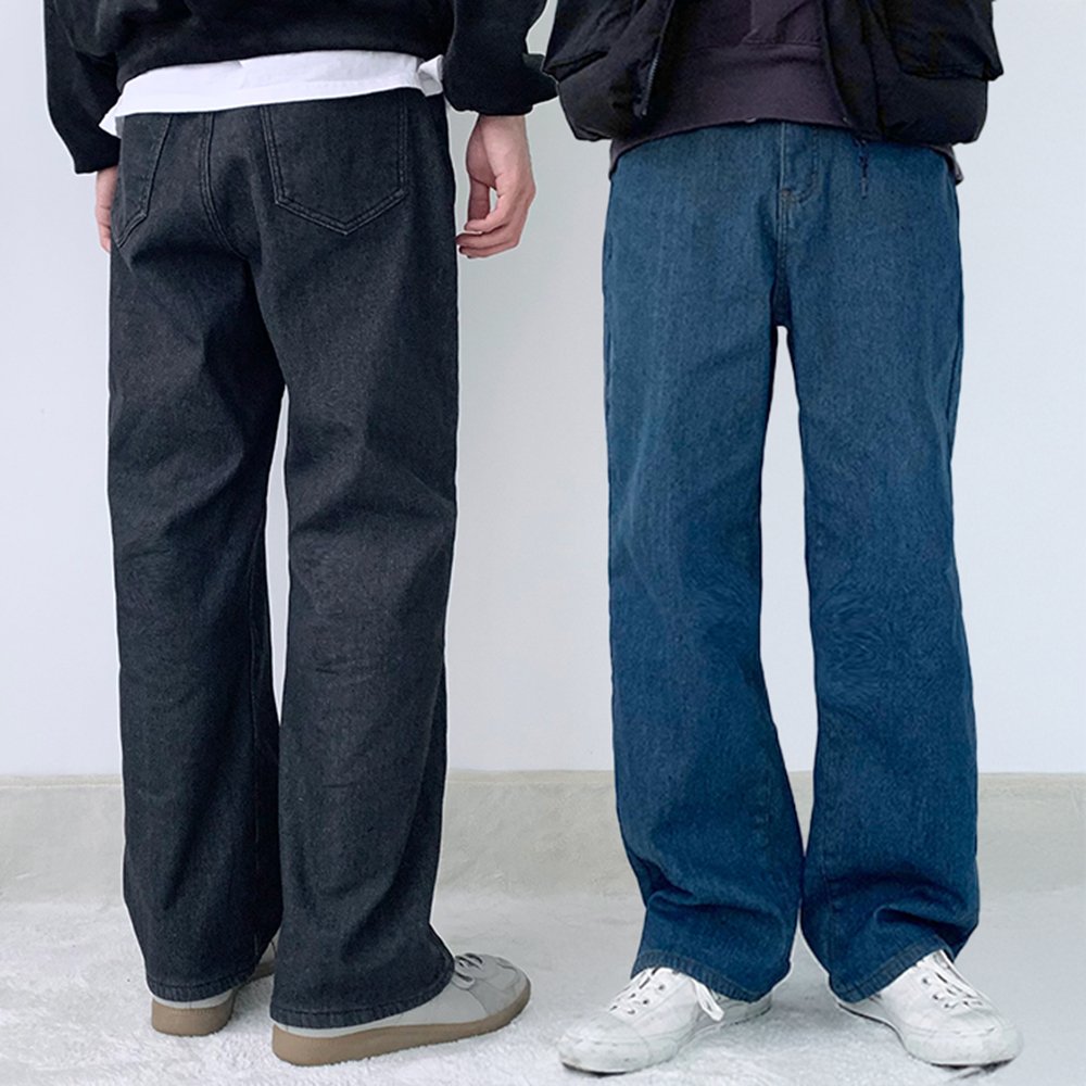 1+1 남성기모청바지 남자와이드청바지 진청바지 블랙진 - 메인 이미지