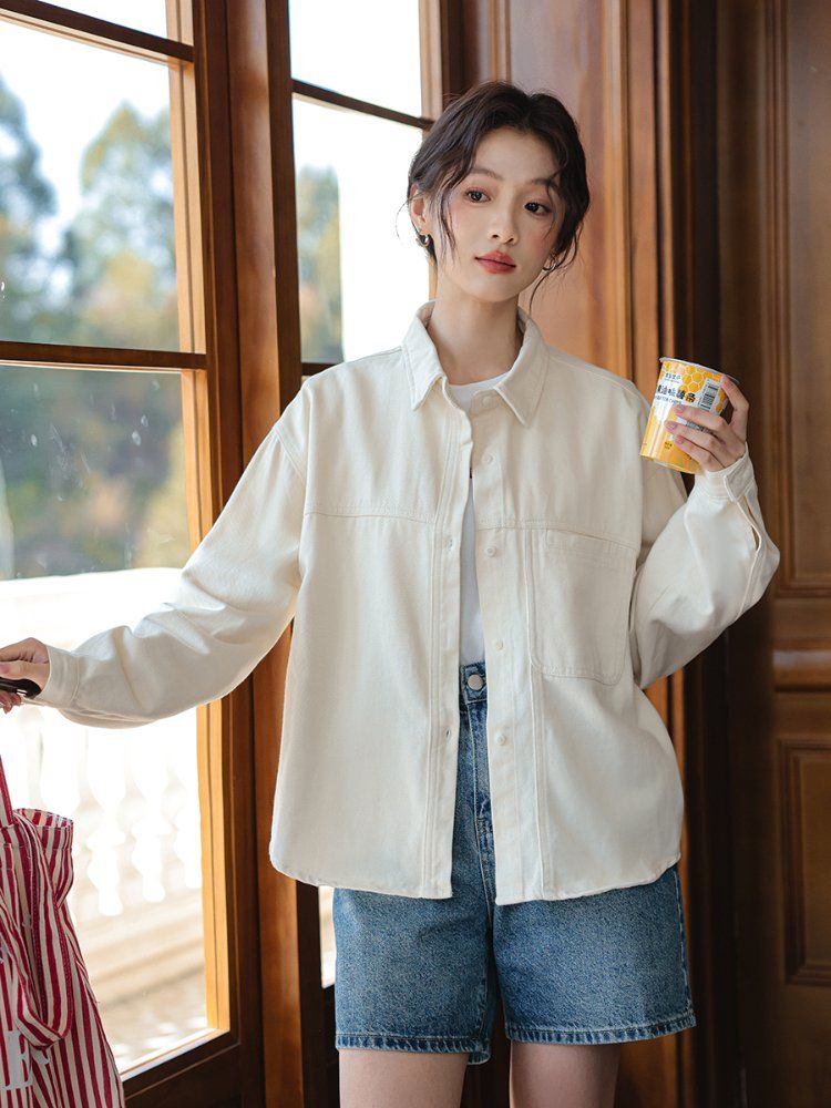 루즈핏 면 셔츠 자켓 포켓 카라 싱글 버튼 간절기 캐주얼 봄 가을 미백색 라이트핑크 - 상세 이미지 2