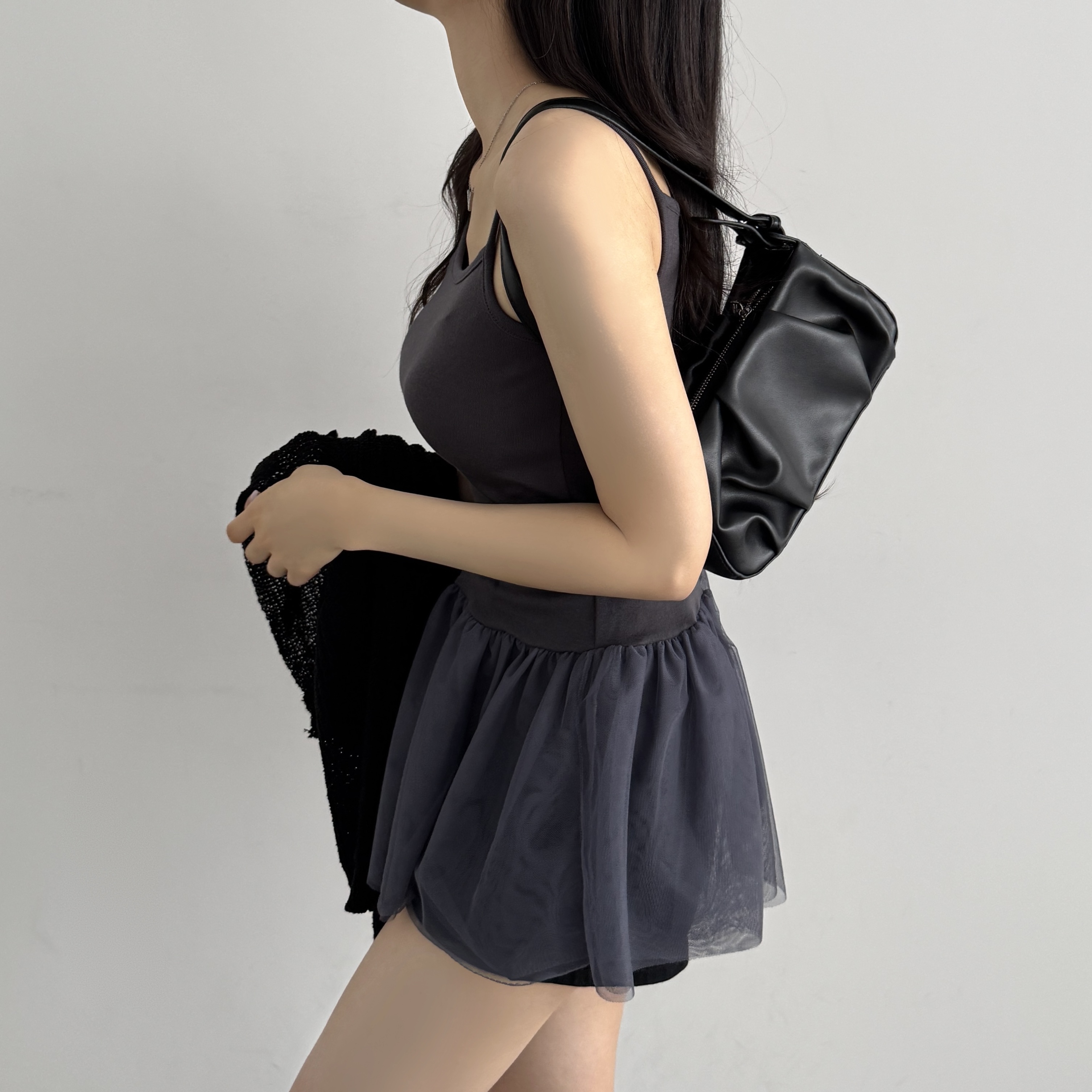 레이어드 여름 원피스 플리츠 쉬폰 뷔스티에 원피스 미니, 차콜, FREE(One size) 이미지 7