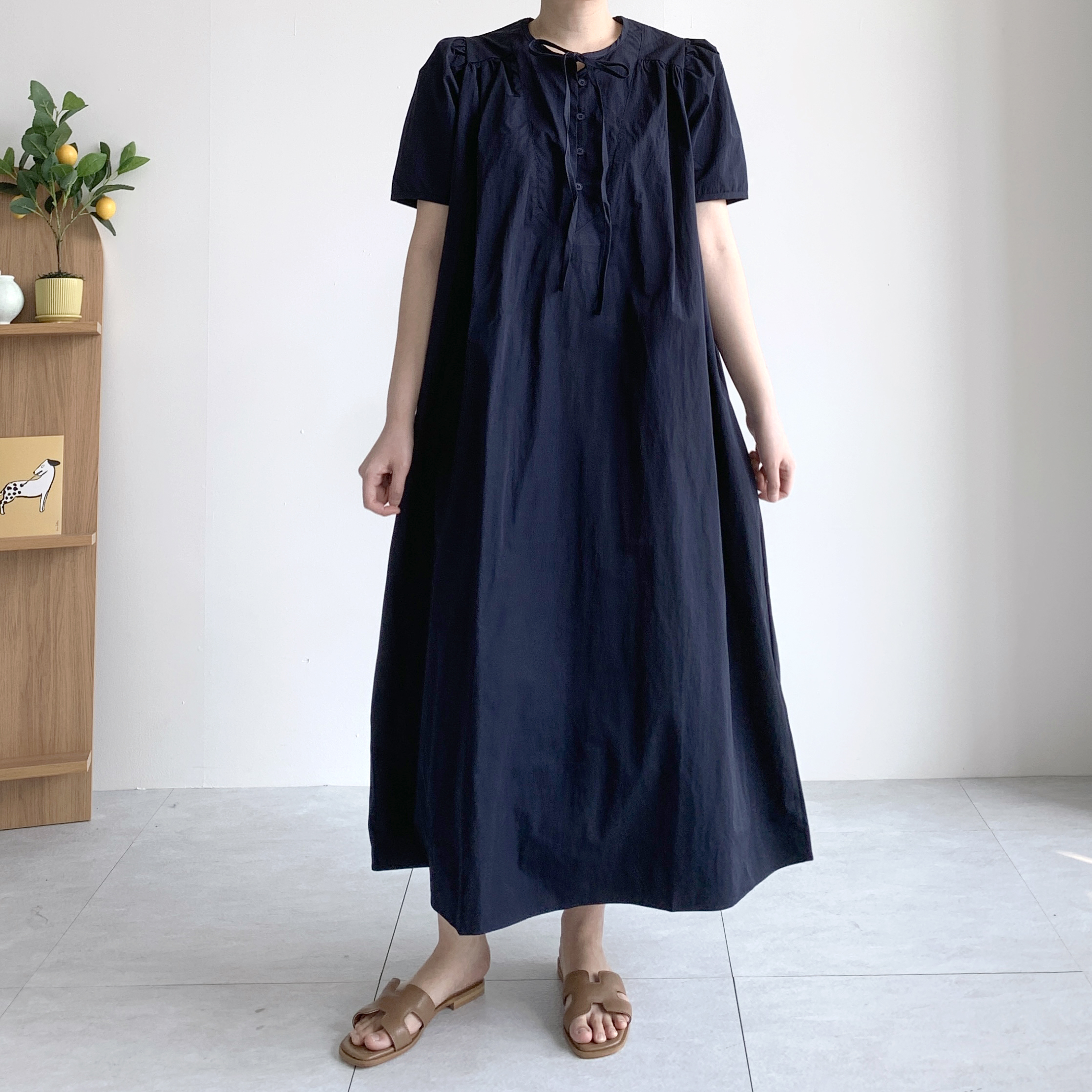 리본 바스락원피스 셔링원피스 나일론 77사이즈원피스 - 상세 이미지 3