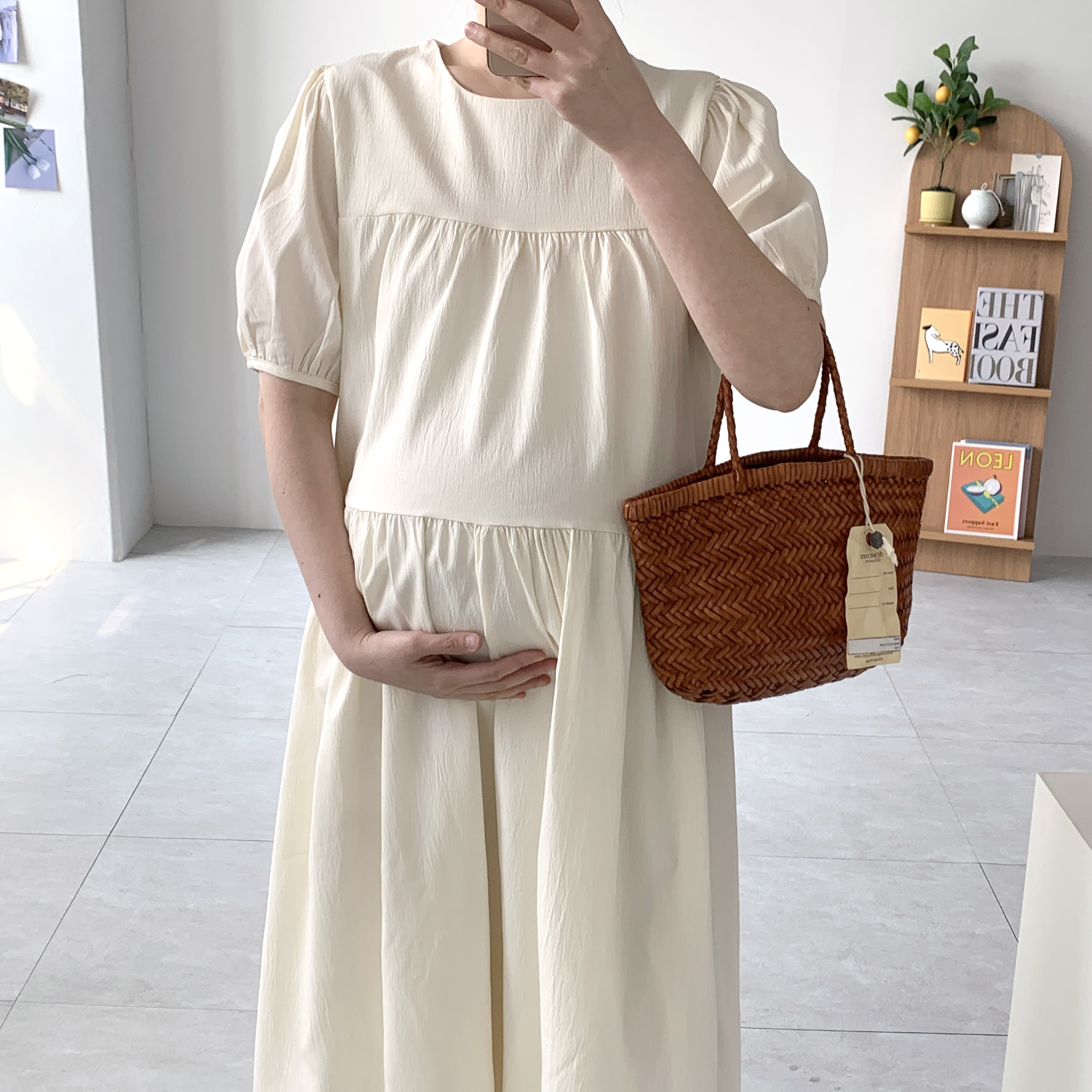 반팔 셔링원피스 아이보리원피스 루즈핏 캉캉원피스 - 상세 이미지 4