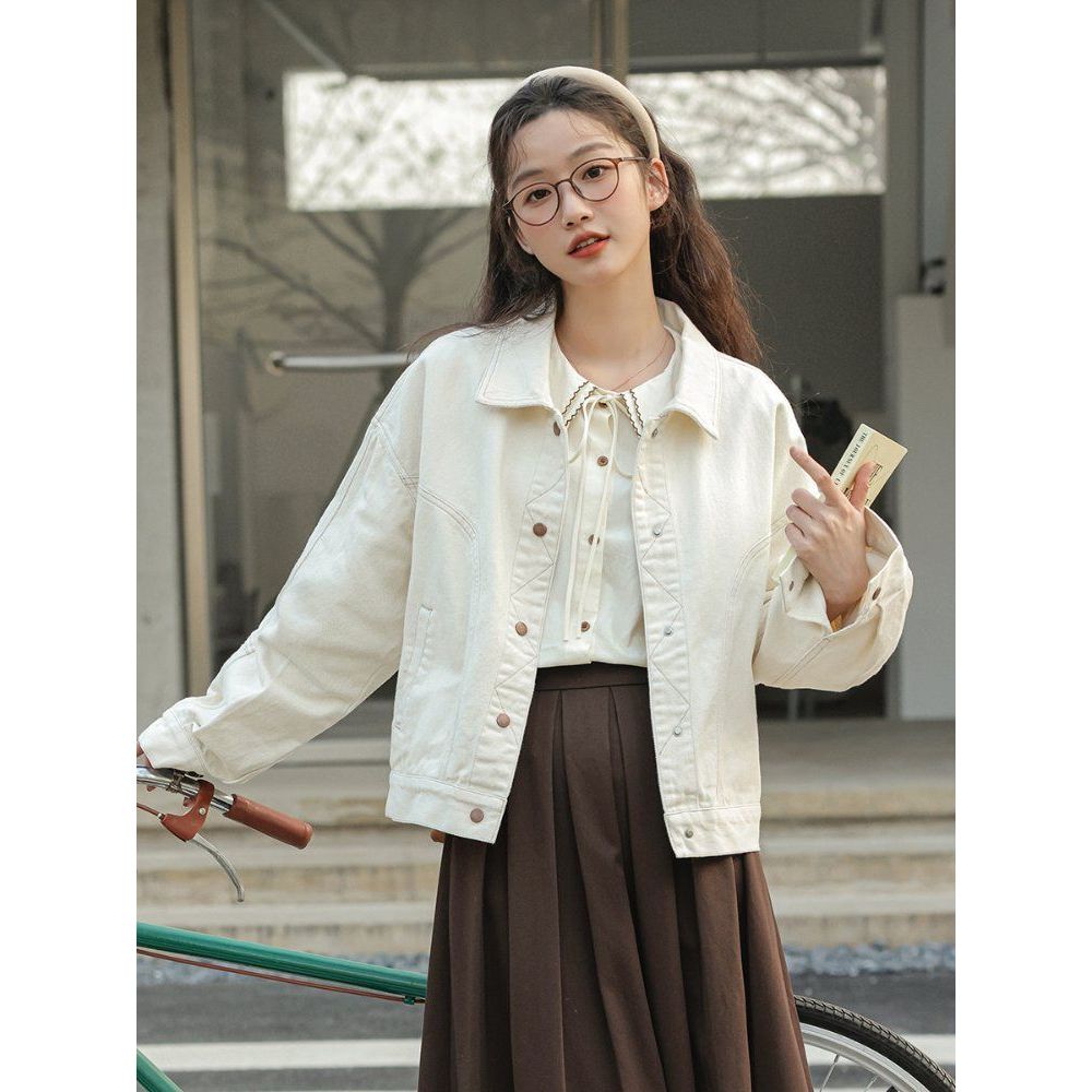 봄 가을 루즈핏 오버핏 베이직 스티치 포인트 코튼 면 데님 자켓 청자켓 화이트 블루 - 상품 이미지