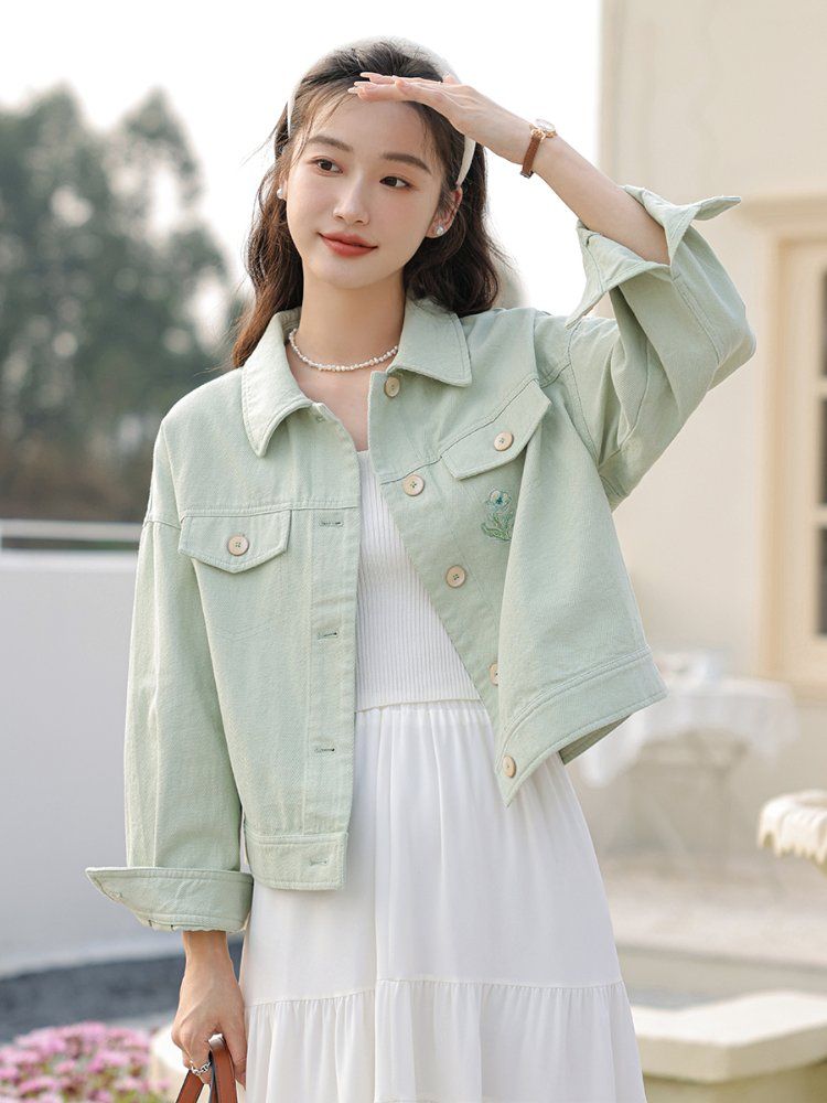 간절기 데일리 면 크롭 숏자켓 자수 아우터 여리핏 여성자켓 베이지 핑크 민트 봄 가을 - 상세 이미지 2