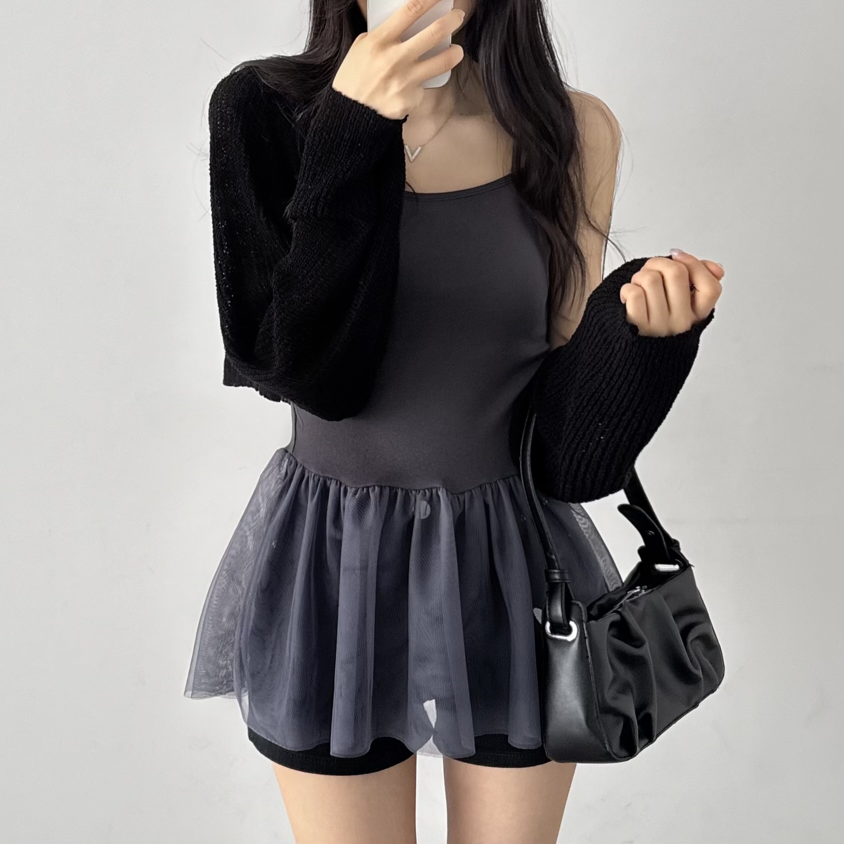 레이어드 여름 원피스 플리츠 쉬폰 뷔스티에 원피스 미니, 차콜, FREE(One size) 이미지 6