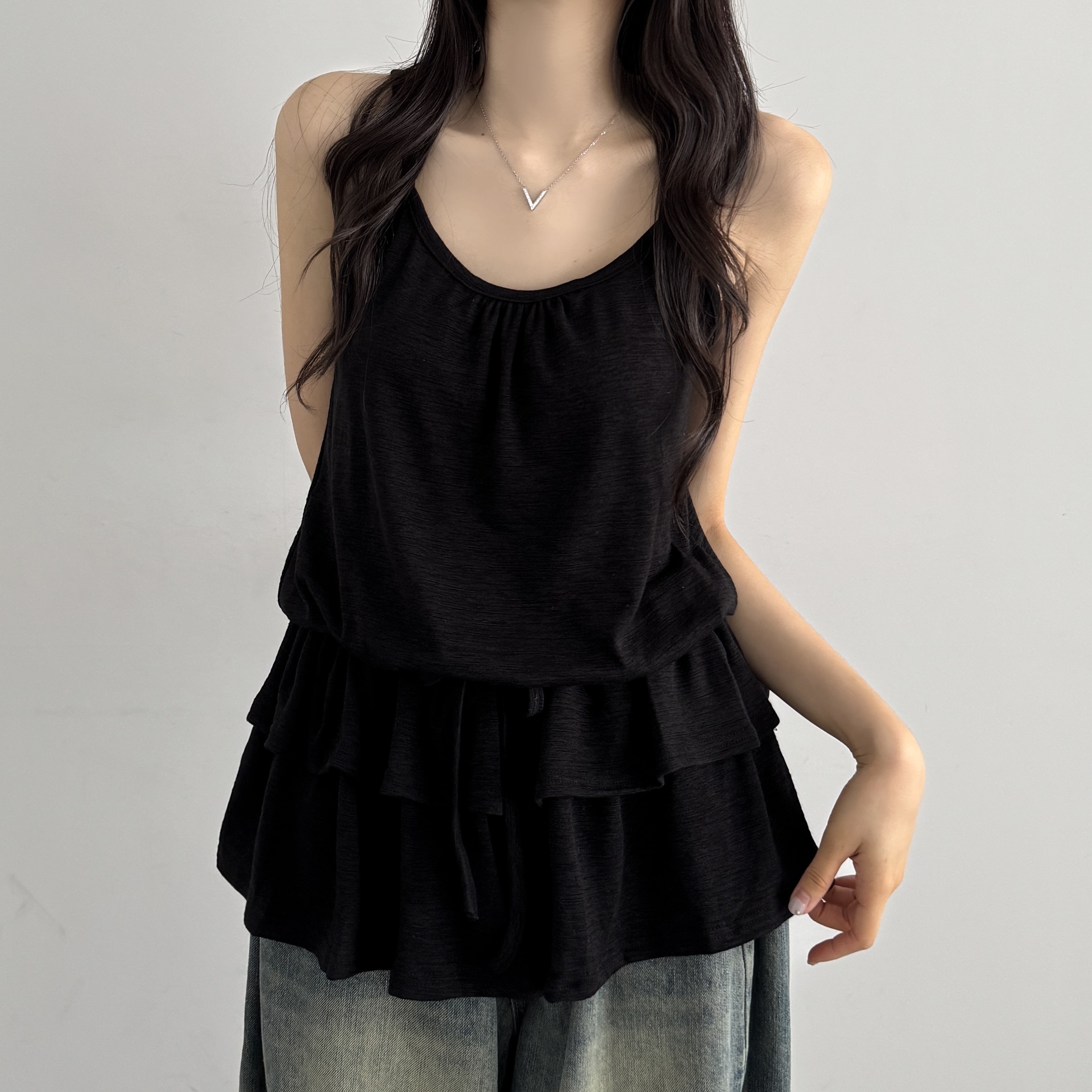 캉캉 레이어드 여름원피스 쉬폰 뷔스티에 여성원피스 미니, 블랙, FREE(One size)