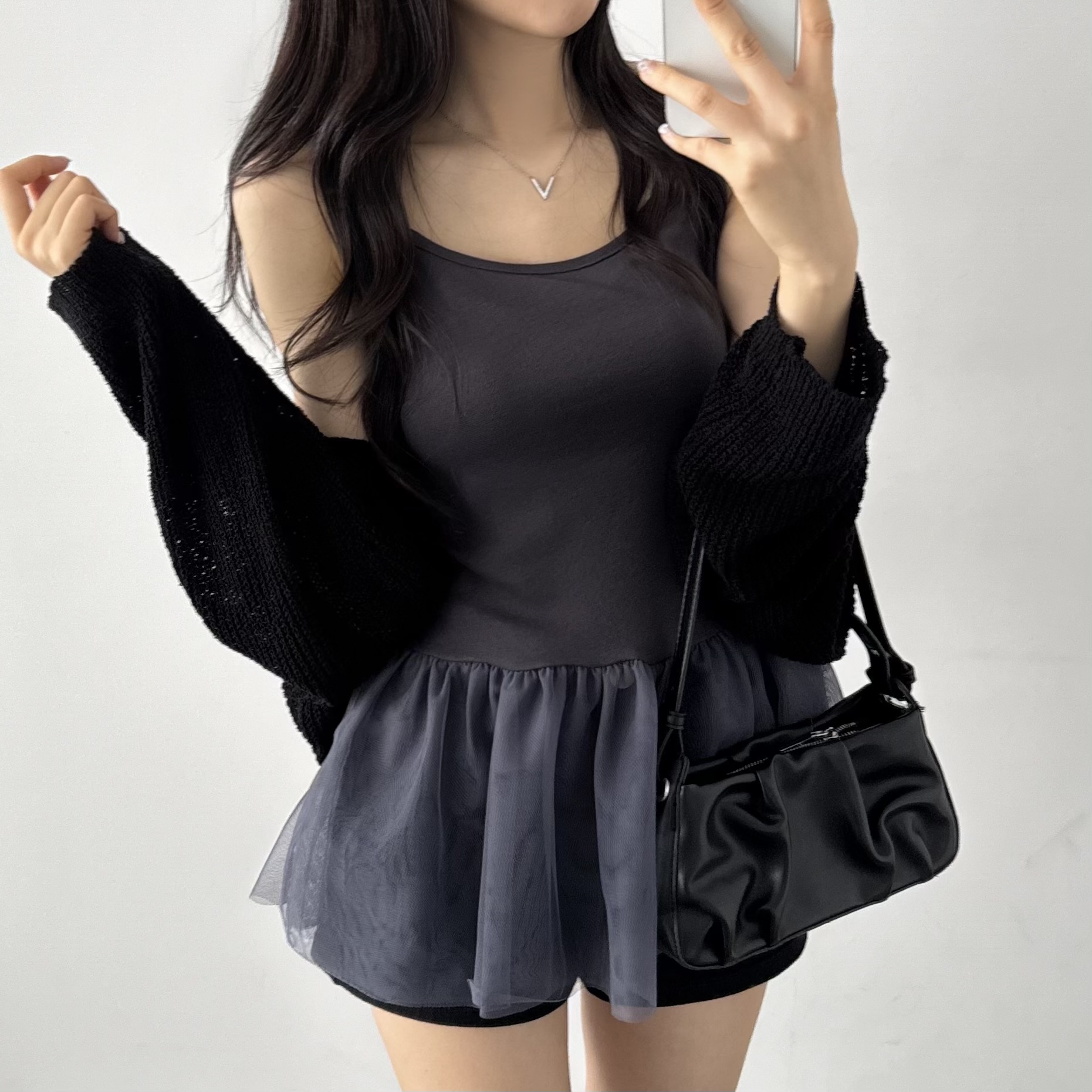 레이어드 여름 원피스 플리츠 쉬폰 뷔스티에 원피스 미니, 차콜, FREE(One size) - 상세 이미지 3