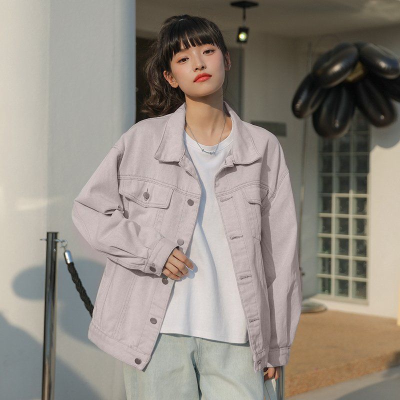 봄 가을 루즈핏 오버핏 데일리 베이직 코튼 면 데님 자켓 청자켓 퍼플 - 상품 이미지