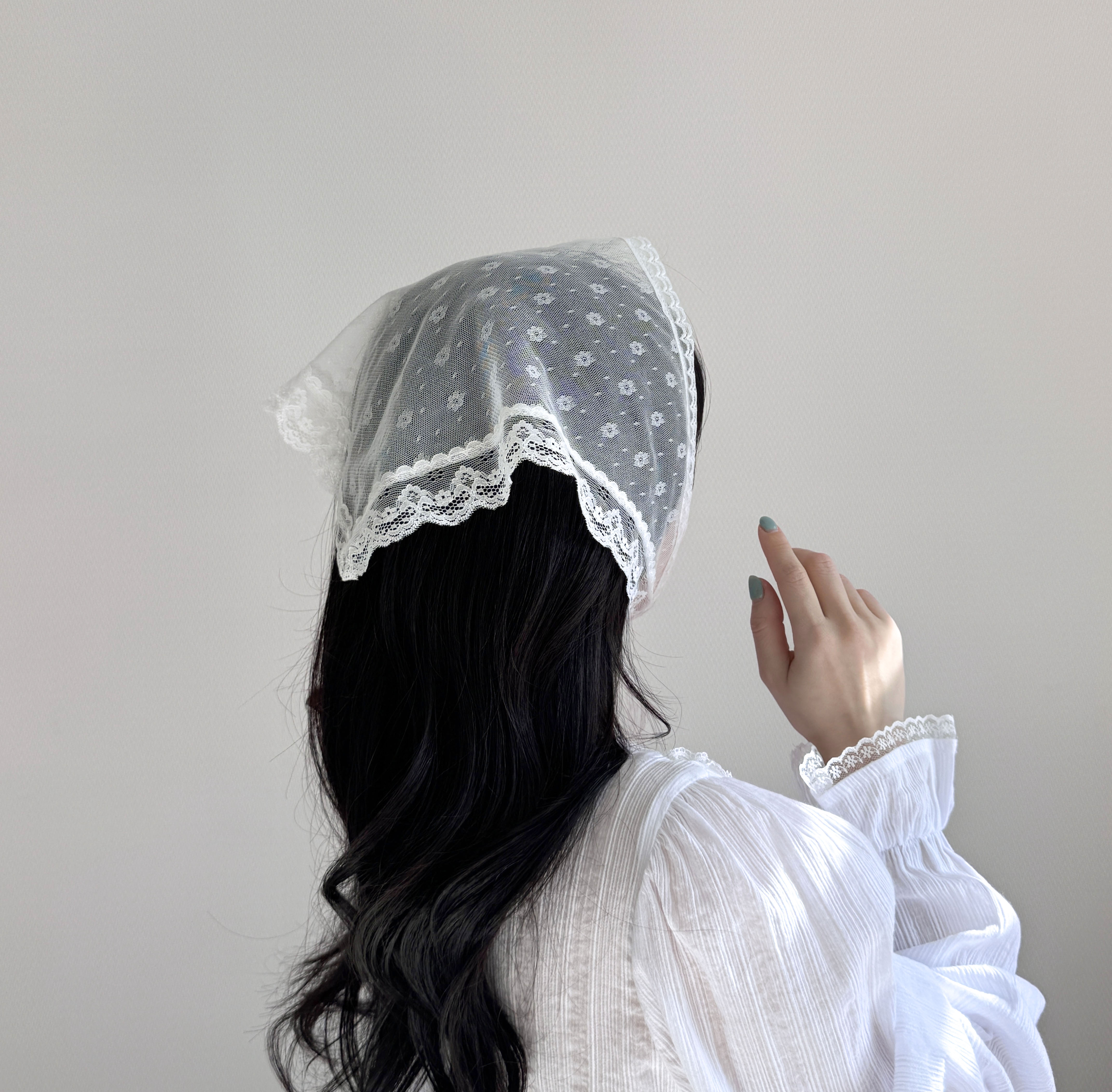 플라워 꽃 메쉬 망사 레이스 헤어 커치프 봄 여름 삼각 보넷 두건 2color 상세 이미지 17