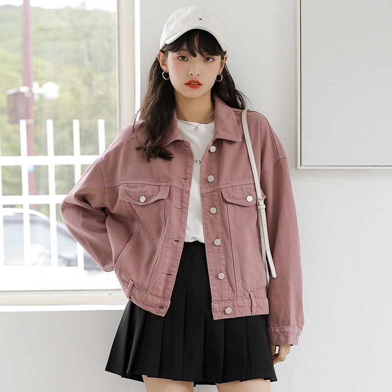 루즈핏 숏 면 자켓 포켓 카라 싱글 버튼 간절기 캐주얼 아우터 봄 가을 블랙그레이 로즈핑크 - 상품 이미지