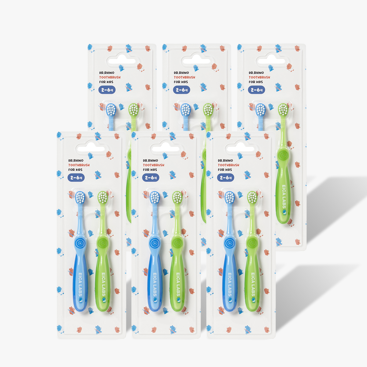 에이카랩스 어린이 칫솔 코뿔소 A타입(파랑,연두) 어린이집 유아 유치원 2개입, 6개