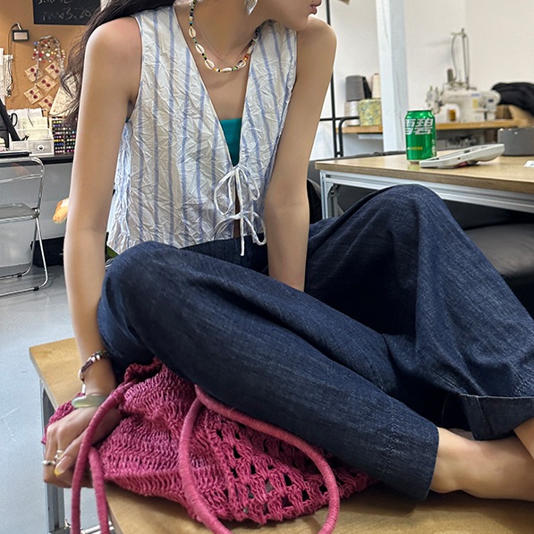 브이넥 스트라이프 레이어드조끼 리본단추 주름 힙한 디자인 캐주얼 봄 여름 핑크 블루 - 상세 이미지 3