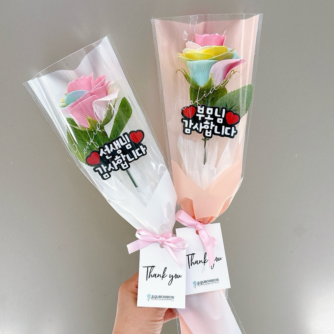 한송이 레인보우 꽃다발 선생님 감사선물 졸업식 무지개꽃 토퍼포함 - 상세 이미지 3
