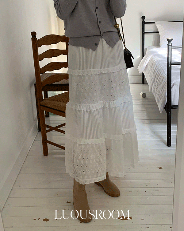 모이스 밴딩 레이스 펀칭 캉캉 플레어 프릴 롱 스커트