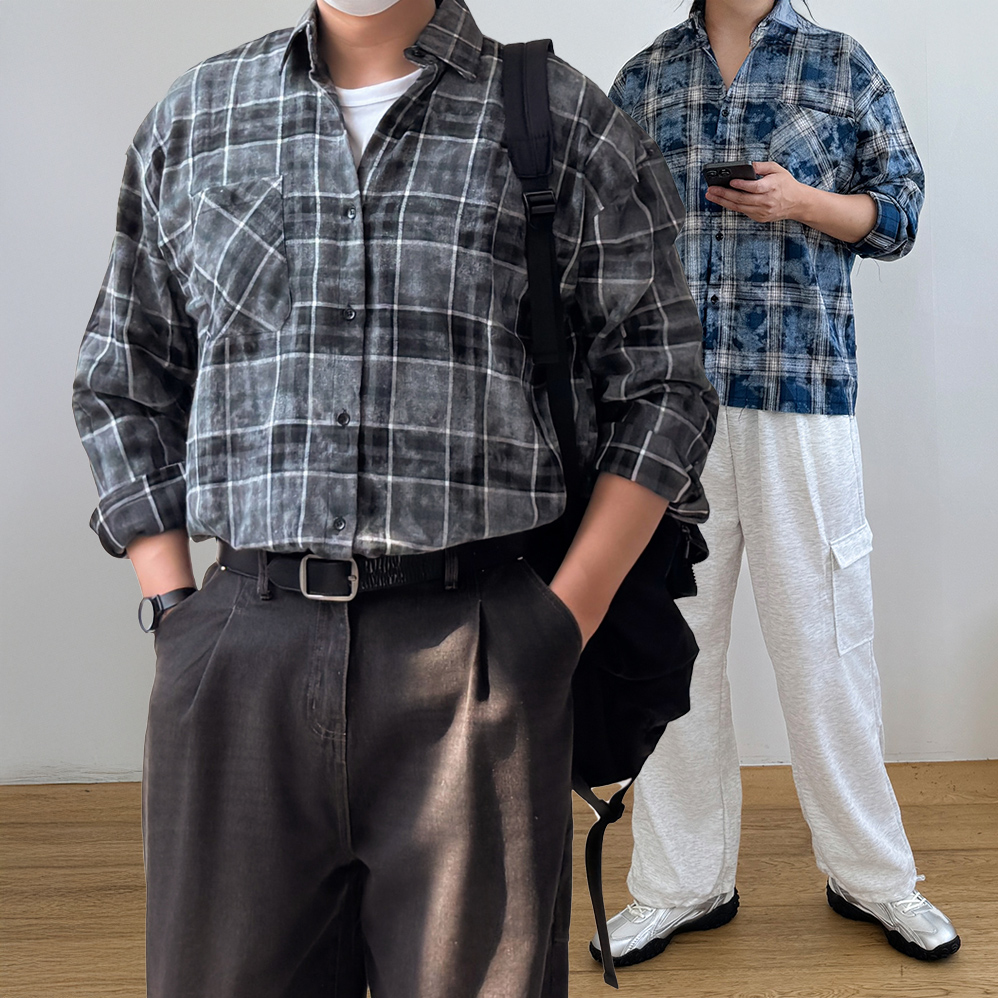남자체크남방 체크무늬남방 남성오버핏셔츠 - 상세 이미지 3