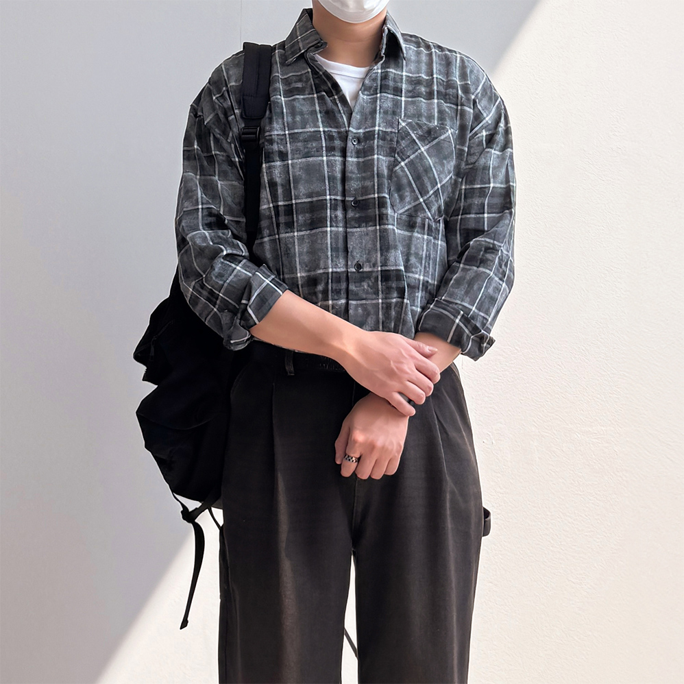 남자체크남방 체크무늬남방 남성오버핏셔츠 - 상세 이미지 5