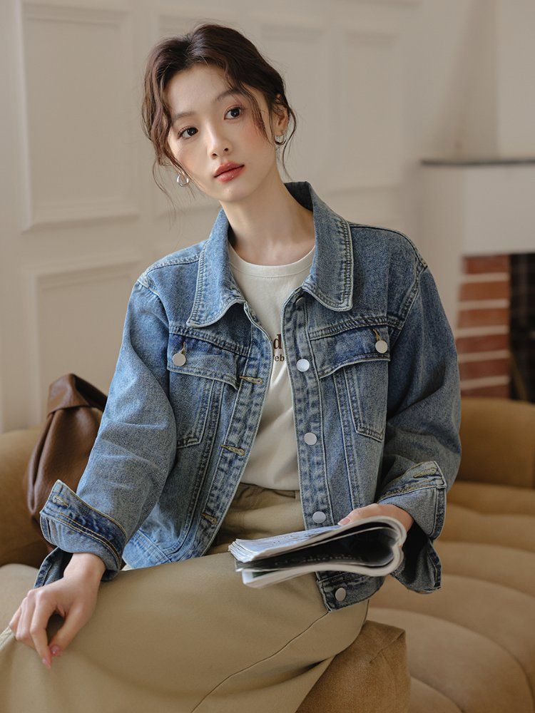 루즈핏 워싱 데님 청자켓 숏 카라 포켓 간절기 캐주얼 아우터 봄 가을 연청 - 상세 이미지 3