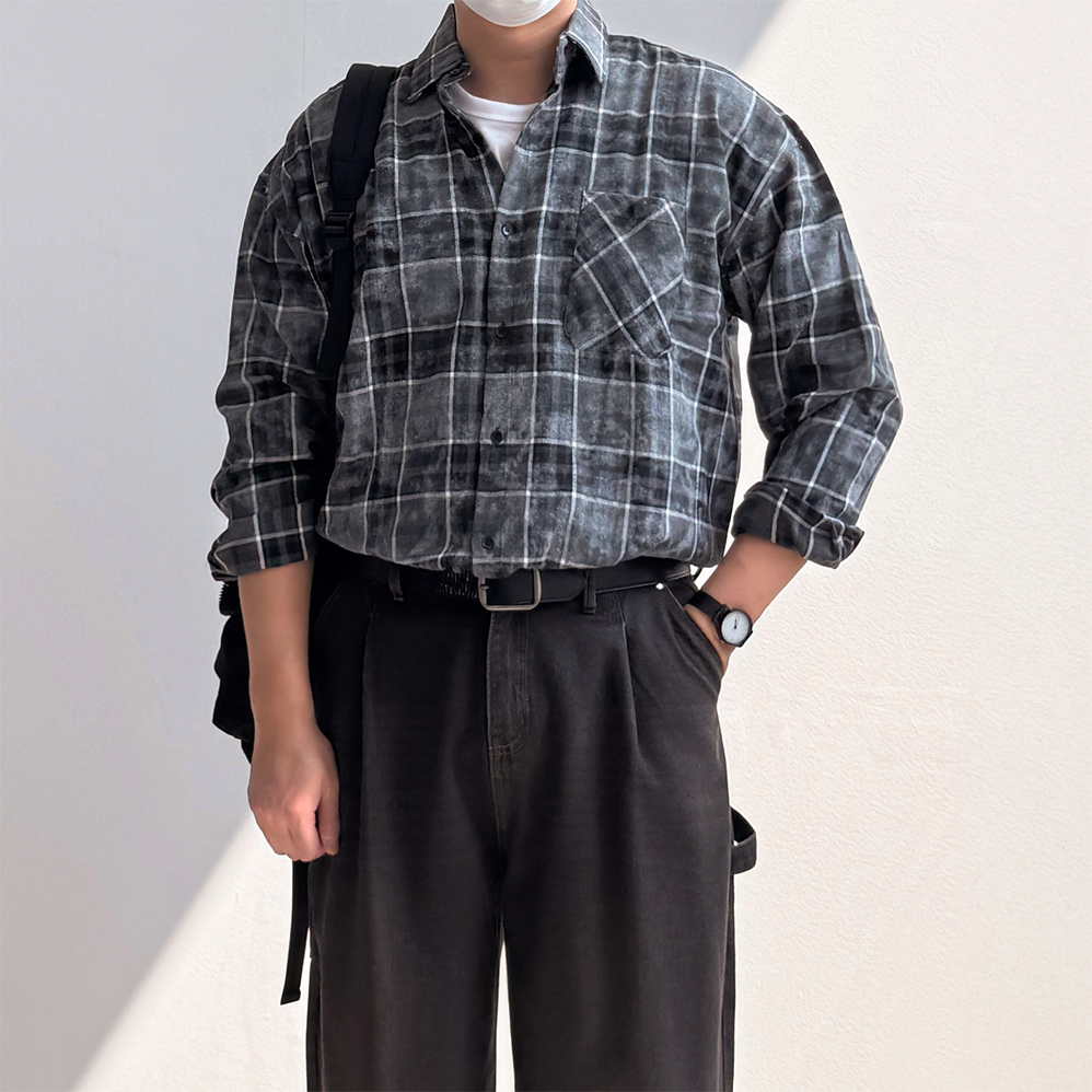 남자체크남방 체크무늬남방 남성오버핏셔츠 - 상품 이미지