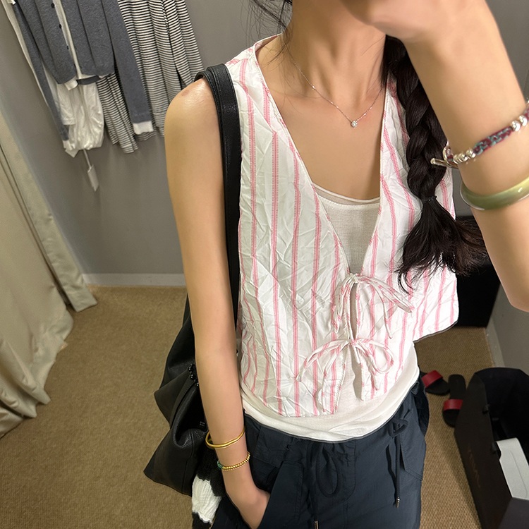 브이넥 스트라이프 레이어드조끼 리본단추 주름 힙한 디자인 캐주얼 봄 여름 핑크 블루 - 상세 이미지 2