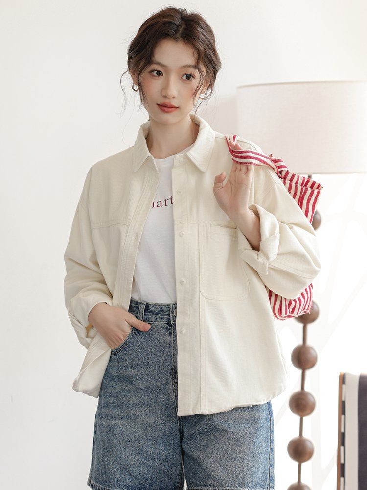 루즈핏 면 셔츠 자켓 포켓 카라 싱글 버튼 간절기 캐주얼 봄 가을 미백색 라이트핑크 - 상세 이미지 3