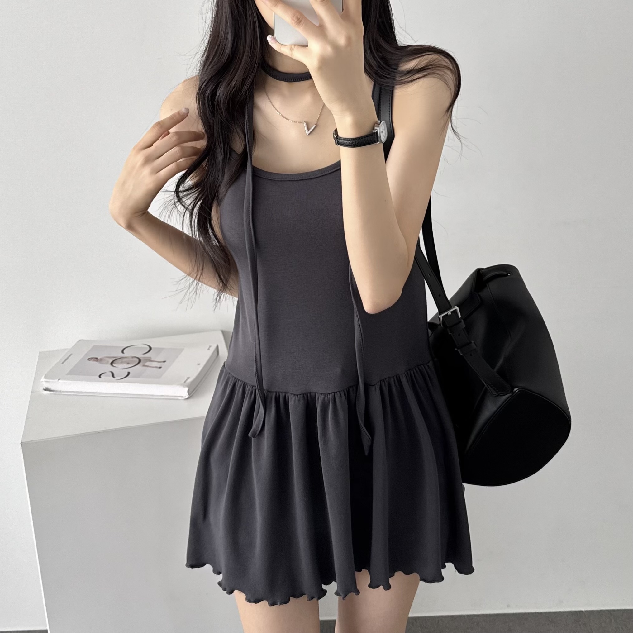 여름 휴양지 원피스 뷔스티에 레이어드 하객 원피스 미니, 차콜, FREE(One size)