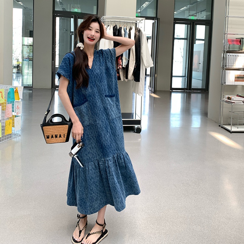 여성 데님 스타일 브이넥 머메이드롱원피스 블루 S - 상세 이미지 2