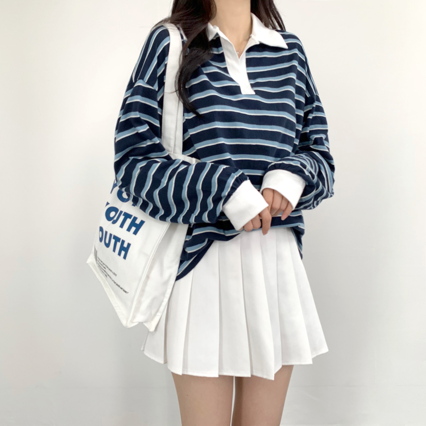 럭비 스트라이프 여성 티셔츠 럭비티 여성 맨투맨 네이비, FREE(One size) 이미지 8