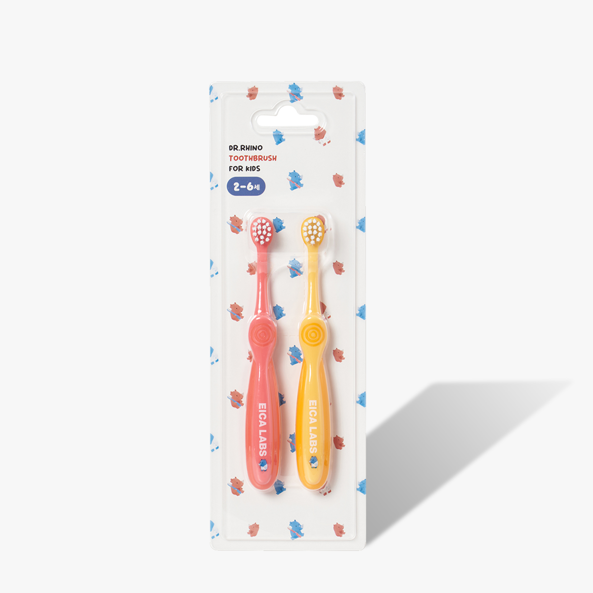 에이카랩스 어린이 칫솔 코뿔소 B타입(노랑,핑크) 어린이집 유아 유치원 2개입, 1개