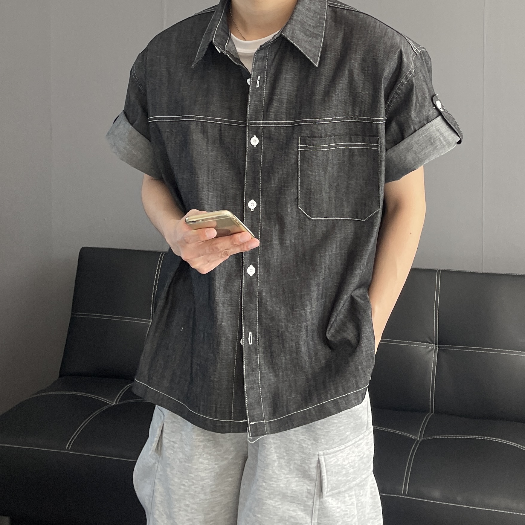 남자데님셔츠 남자반팔청남방 흑청셔츠 - 상세 이미지 3