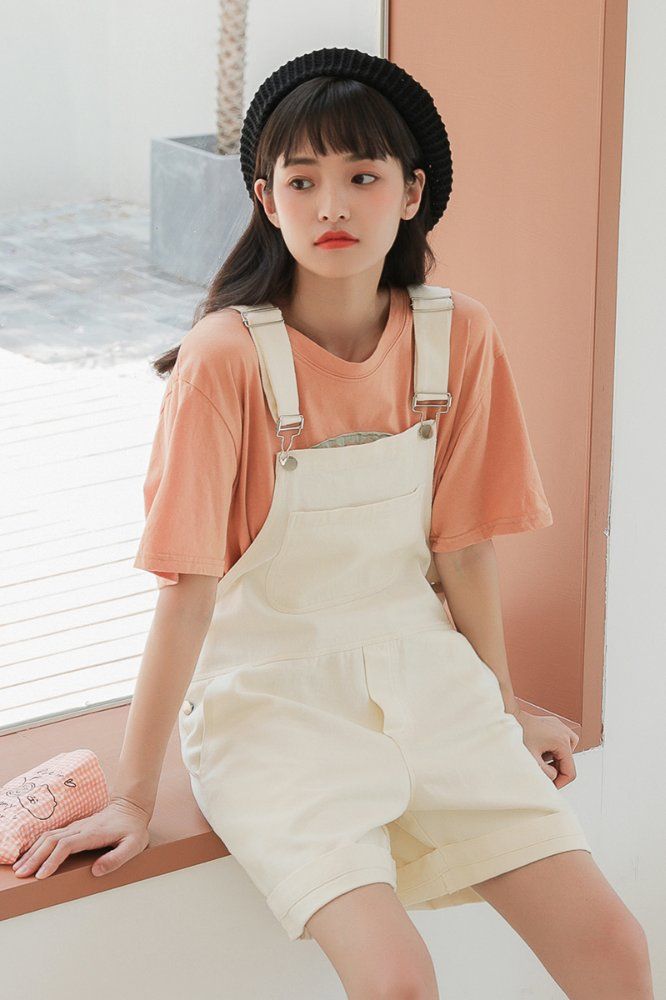 여성 꽃 자수 멜빵 반바지 면 데님 포켓 오버롤 롤업 여름 캐주얼 봄 여름 아이보리 - 상세 이미지 4