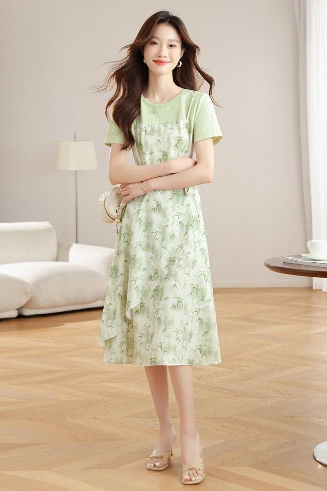 여성 페이크투피스 나염 원피스 반팔 라운드넥 허리리본 롱 여름 봄 여름 그린 - 상세 이미지 5