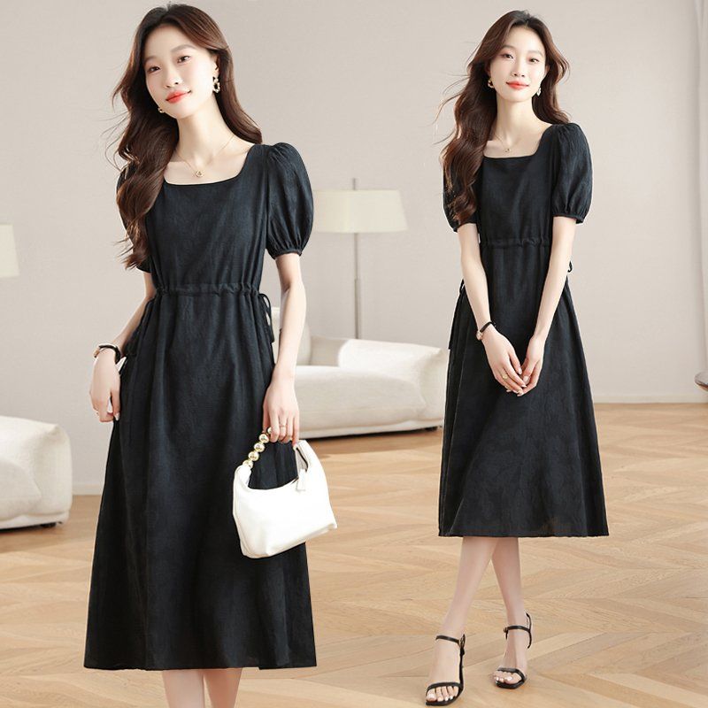 여성 스퀘어넥 퍼프소매 롱원피스 반팔 허리 스트링 A라인 여름 하객룩 블랙 - 상품 이미지