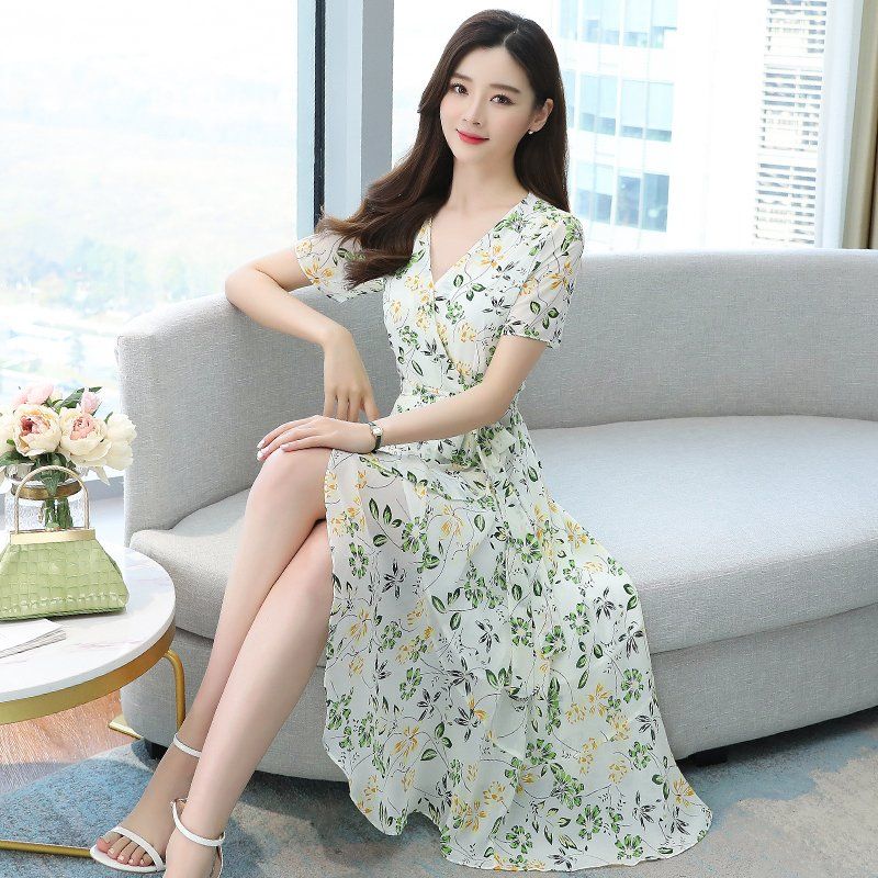 여성 플라워 나염 롱원피스 브이넥 반팔 쉬폰 언발란스 랩스타일 여름 봄 여름 화이트 - 상세 이미지 2