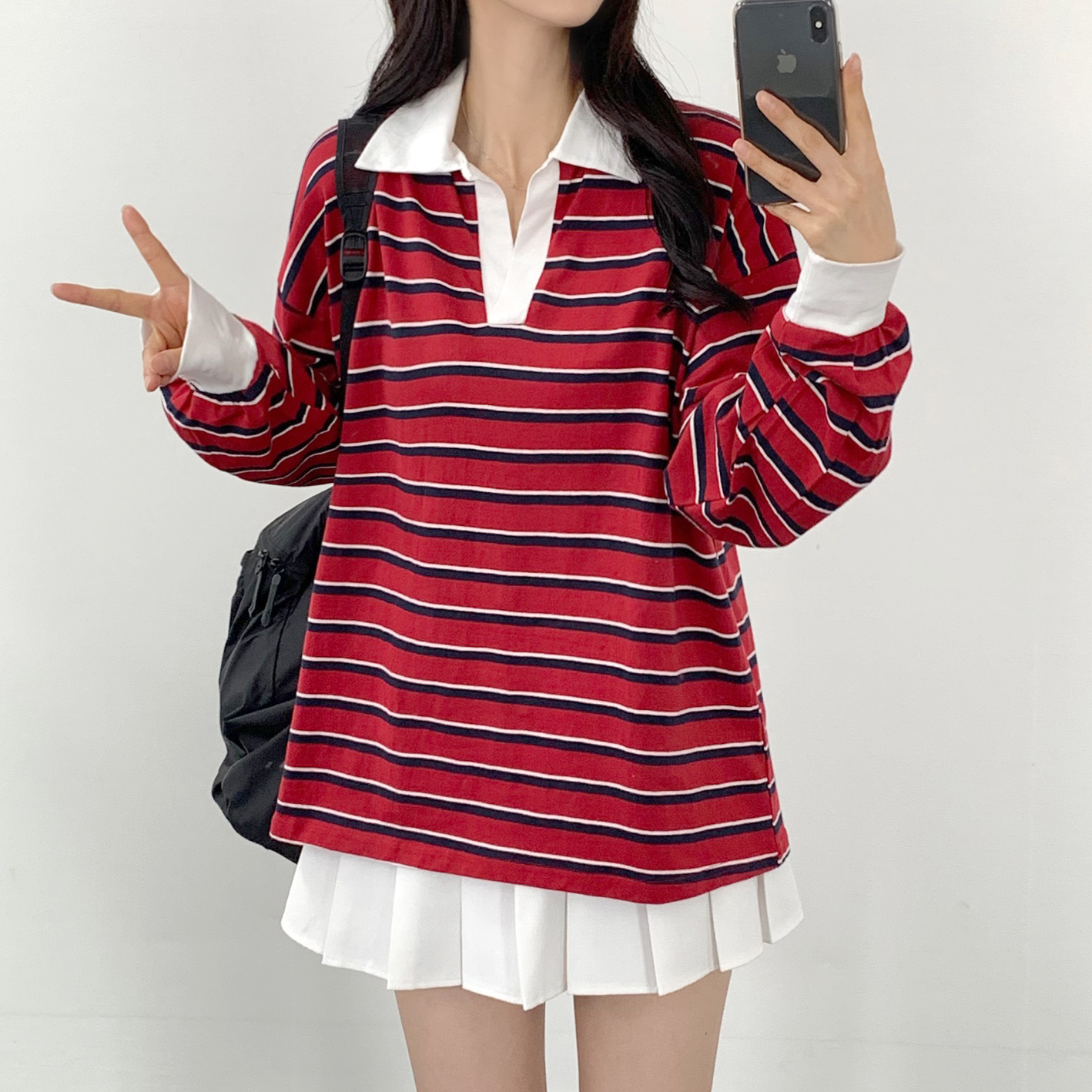 럭비 스트라이프 여성 티셔츠 럭비티 여성 맨투맨 레드, FREE(One size)