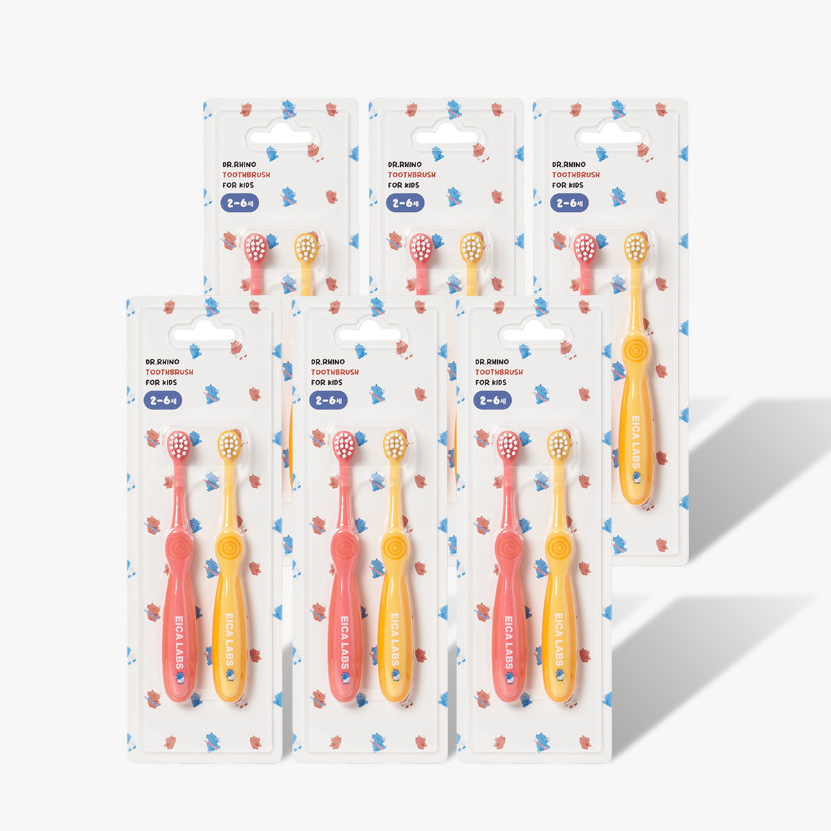 에이카랩스 어린이 칫솔 코뿔소 B타입(노랑,핑크) 어린이집 유아 유치원 2개입, 6개