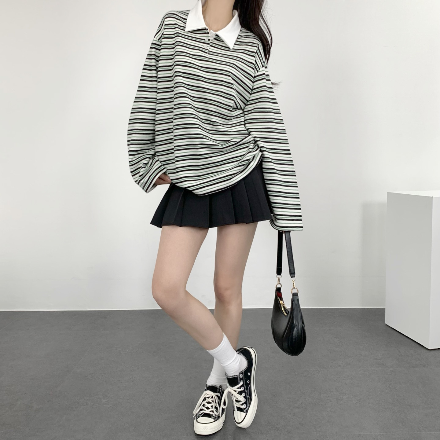 여성 티셔츠 럭비 스트라이프 티셔츠 맨투맨 티 딥그린, FREE(One size)