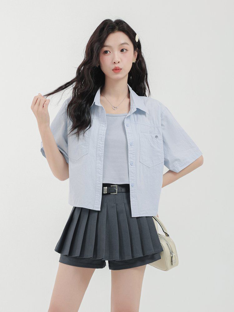 여성 반팔 셔츠 남방 면 카라넥 크롭 캐주얼 베이직 여름 블라우스 봄 여름 스카이블루 - 상세 이미지 4