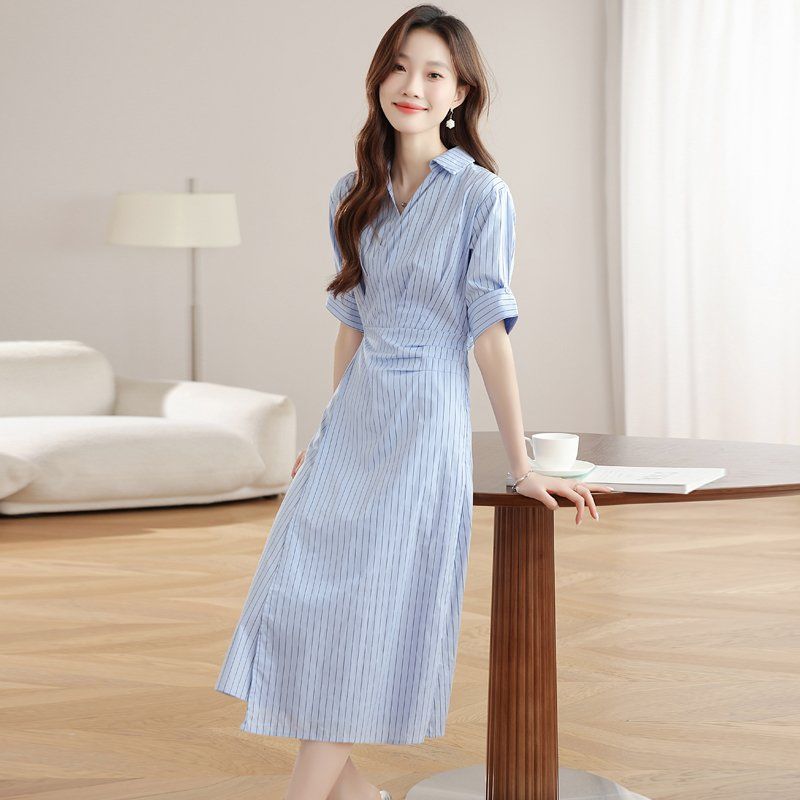 여성 스트라이프 셔츠 원피스 반팔 브이넥 롱 A라인 여름 봄 여름 블루 - 상세 이미지 3
