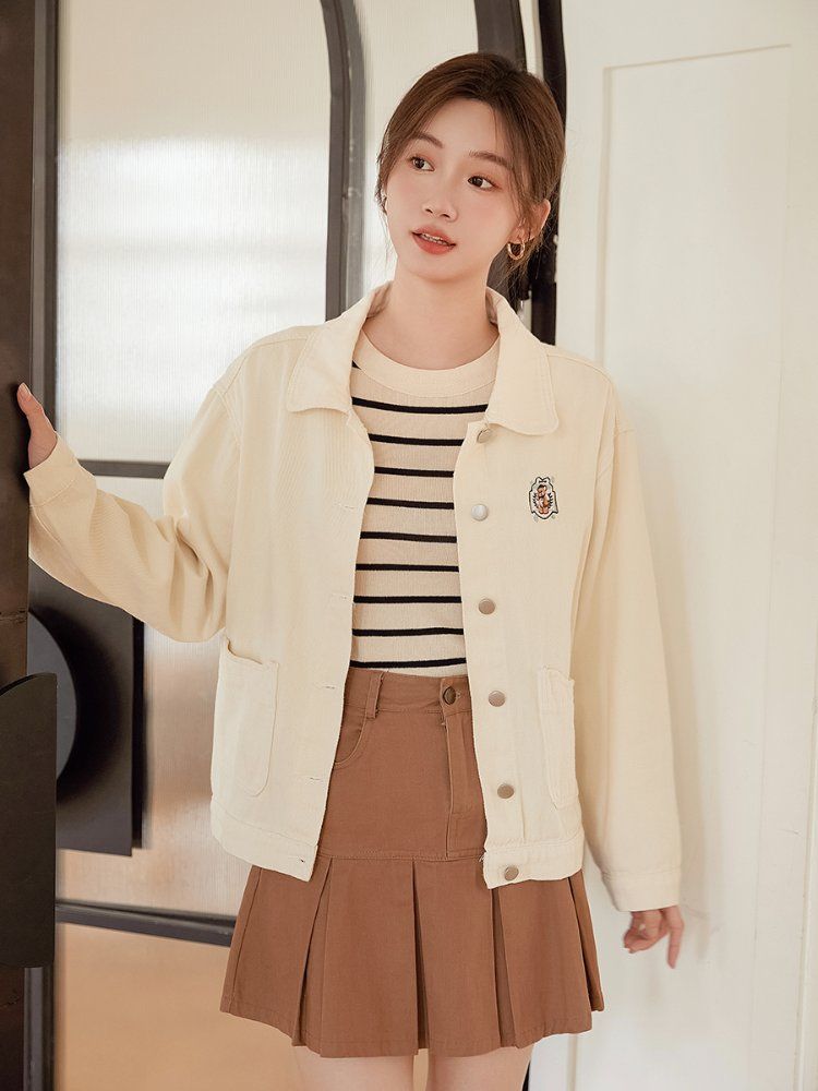 여성 자수 패치 면 자켓 긴팔 카라넥 간절기 아우터 포켓 스위트 캐주얼 봄 가을 아이보리 - 상세 이미지 4
