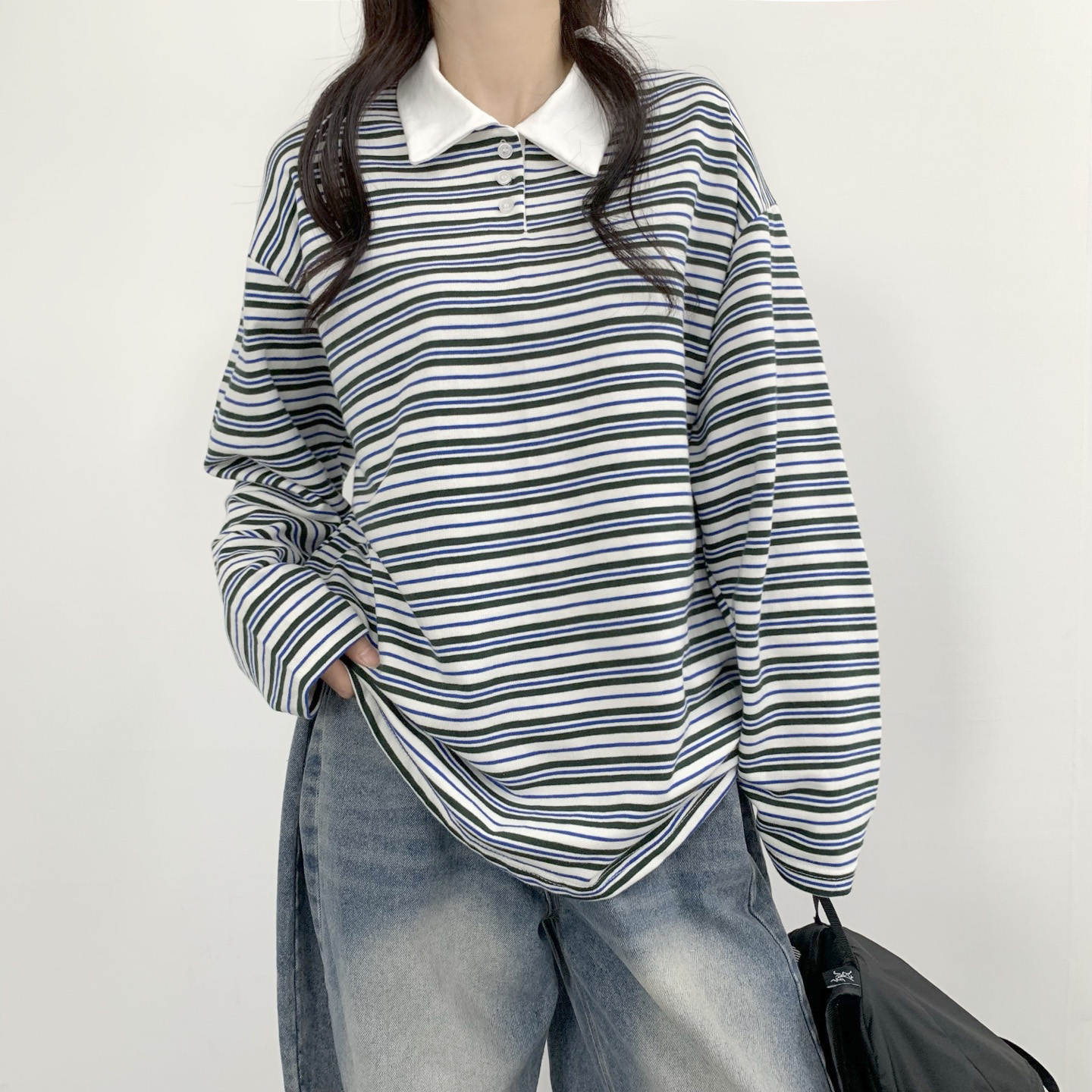 여성 티셔츠 럭비 스트라이프 티셔츠 맨투맨 티 블랙, FREE(One size)