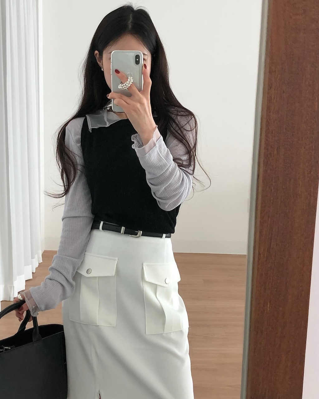 럼비 여성 여름 레이어드 이너 시스루 오픈카라 프릴 티셔츠 - 상품 이미지