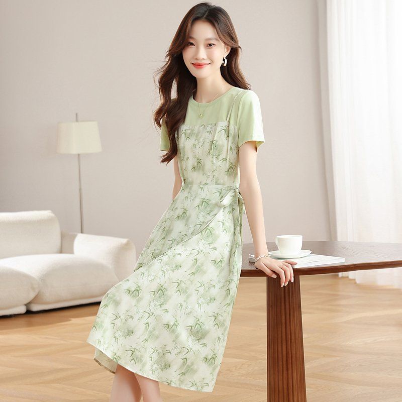 여성 페이크투피스 나염 원피스 반팔 라운드넥 허리리본 롱 여름 봄 여름 그린 - 상세 이미지 4