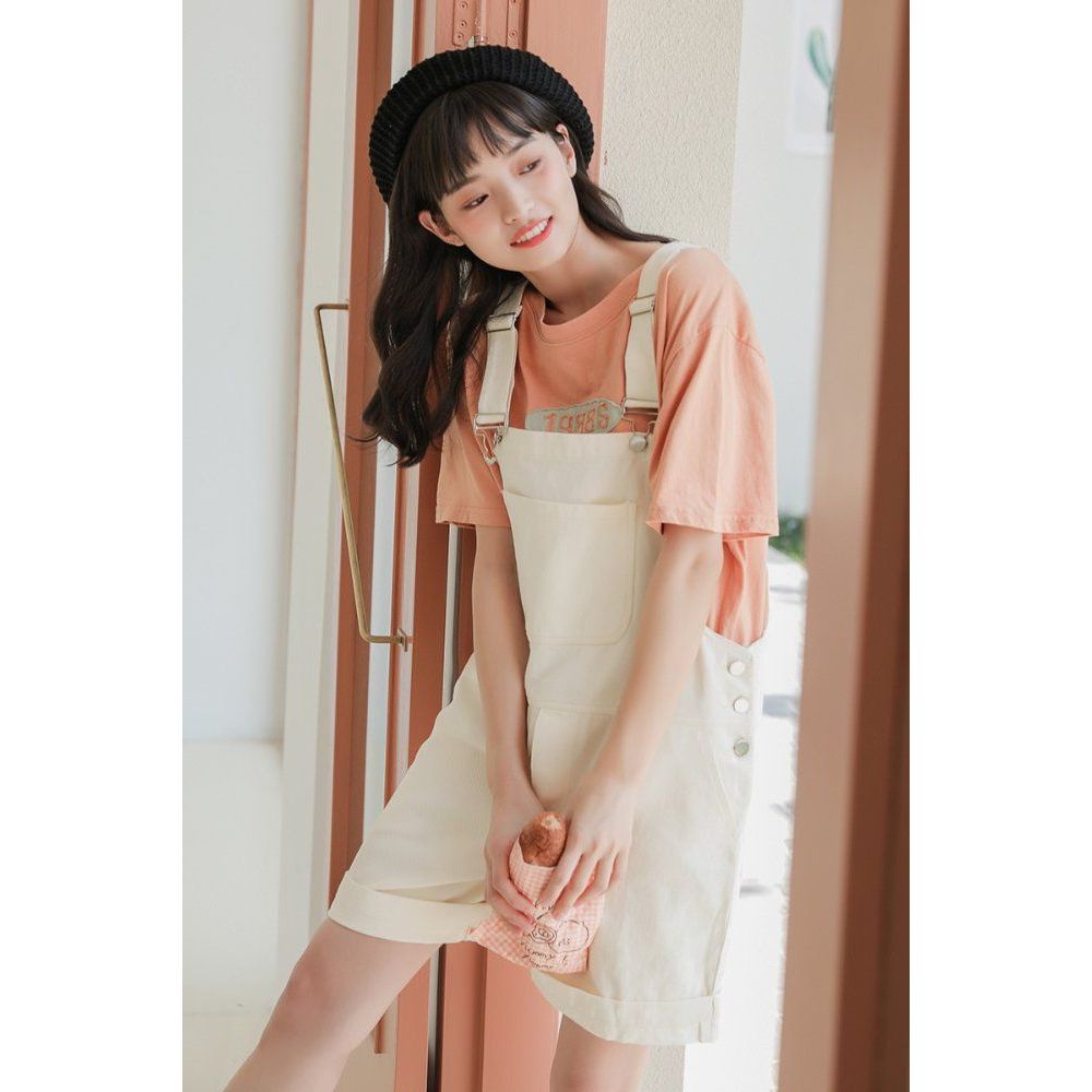 여성 꽃 자수 멜빵 반바지 면 데님 포켓 오버롤 롤업 여름 캐주얼 봄 여름 아이보리 - 상품 이미지