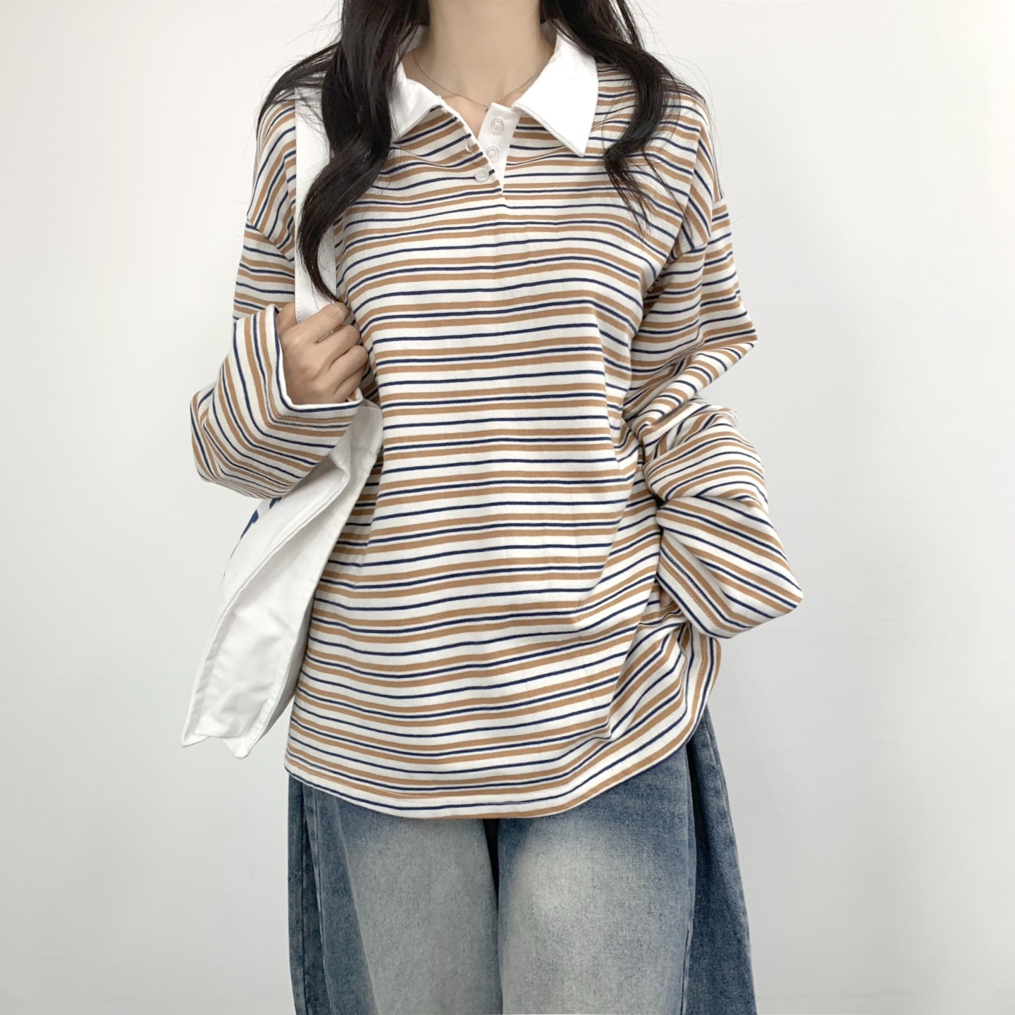 여성 티셔츠 럭비 스트라이프 티셔츠 맨투맨 티 베이지, FREE(One size)