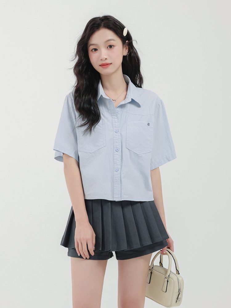 여성 반팔 셔츠 남방 면 카라넥 크롭 캐주얼 베이직 여름 블라우스 봄 여름 스카이블루 - 상세 이미지 3