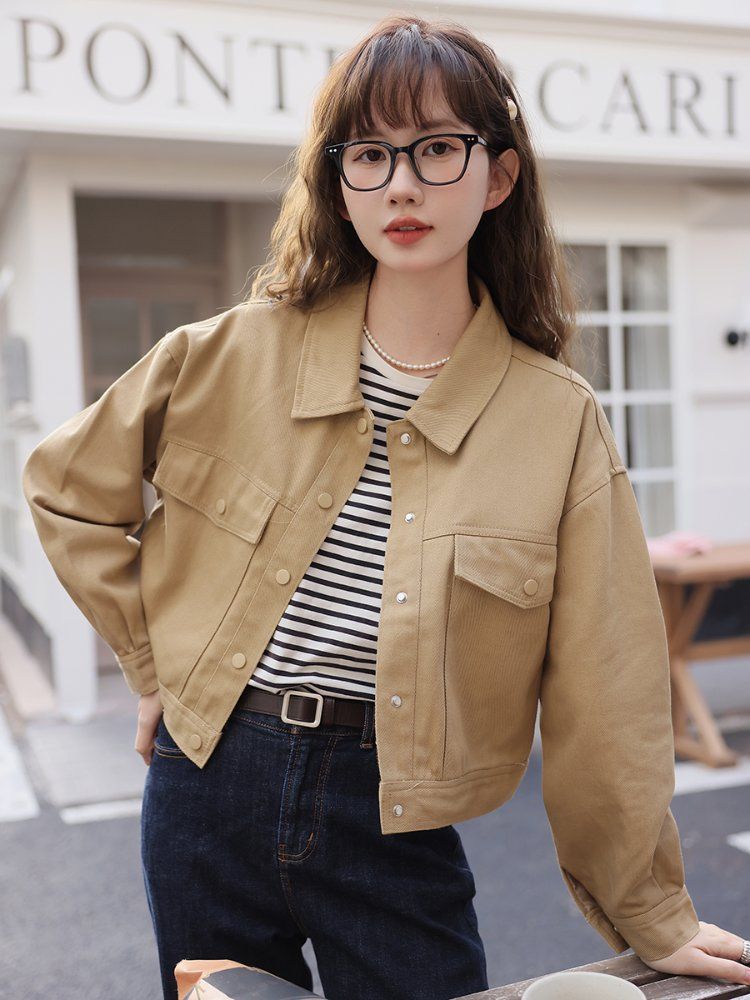 여성 루즈핏 면 자켓 긴팔 카라넥 포켓 프린트 간절기 아우터 봄 가을 베이지 - 상세 이미지 3