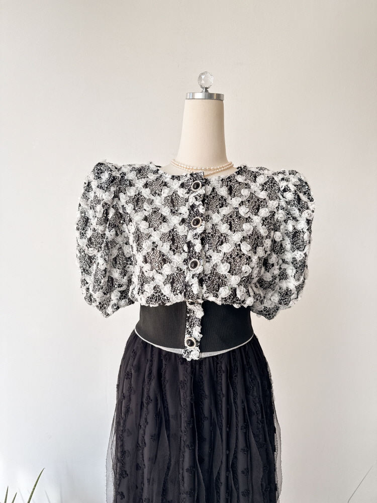 크롭 로즈 레이스 스팽글 퍼프 반팔 가디건