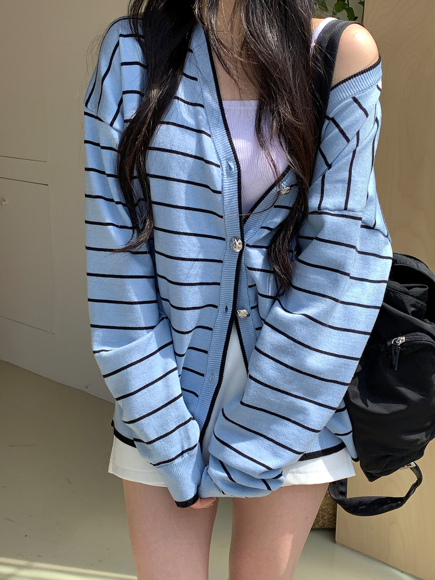 [제니룩💙] 오션 스트라이프 오버핏 가디건 상세 이미지 3