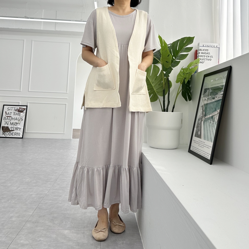 빅사이즈 여름 시원한 면 프릴 롱 원피스 소매 라운드넥 레이어드 맥시 원피스 원마일웨어