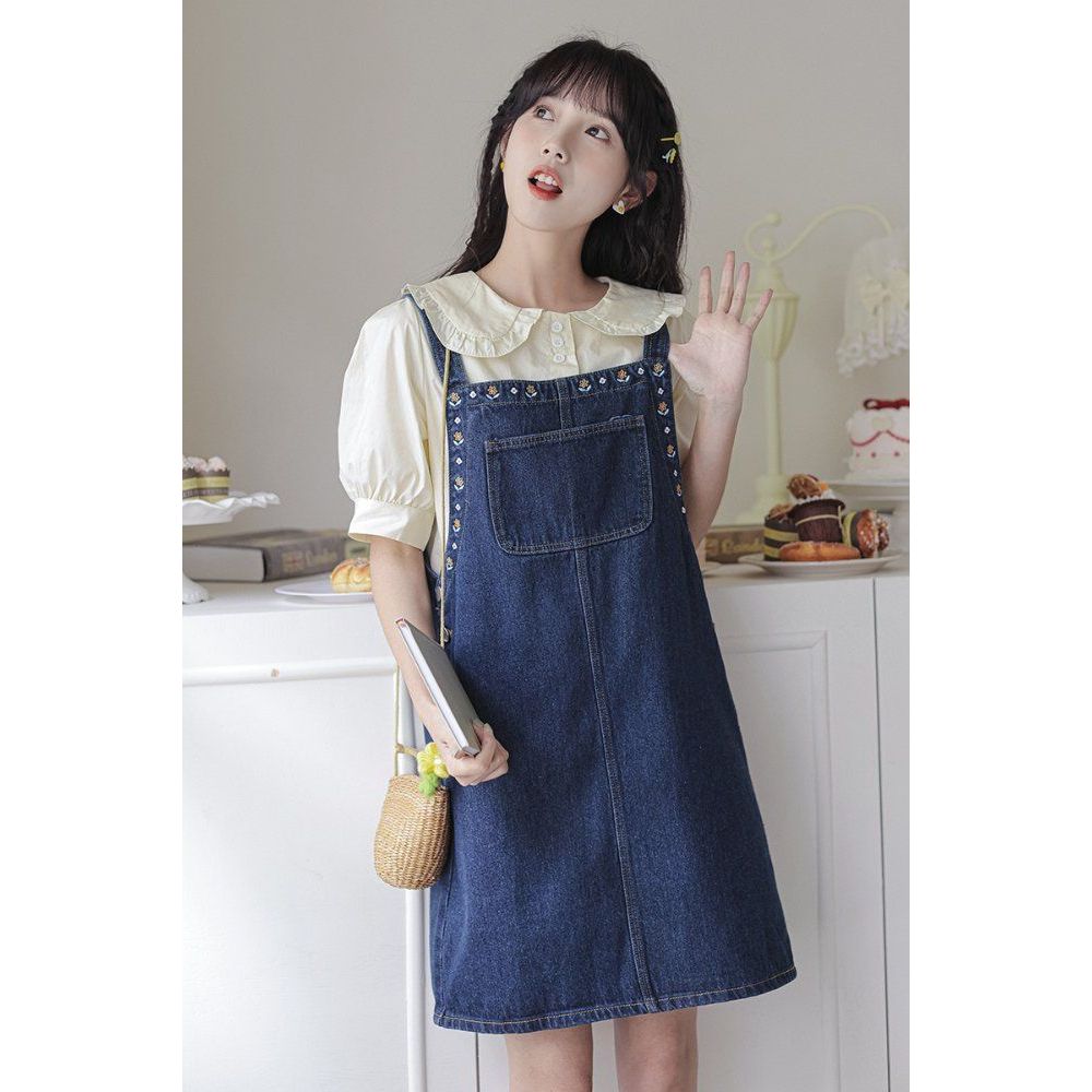 여성 데님 청 멜빵 원피스 H라인 포켓 꽃 자수 나시 뷔스티에 미니 면 여름 봄 여름 진청 - 상품 이미지